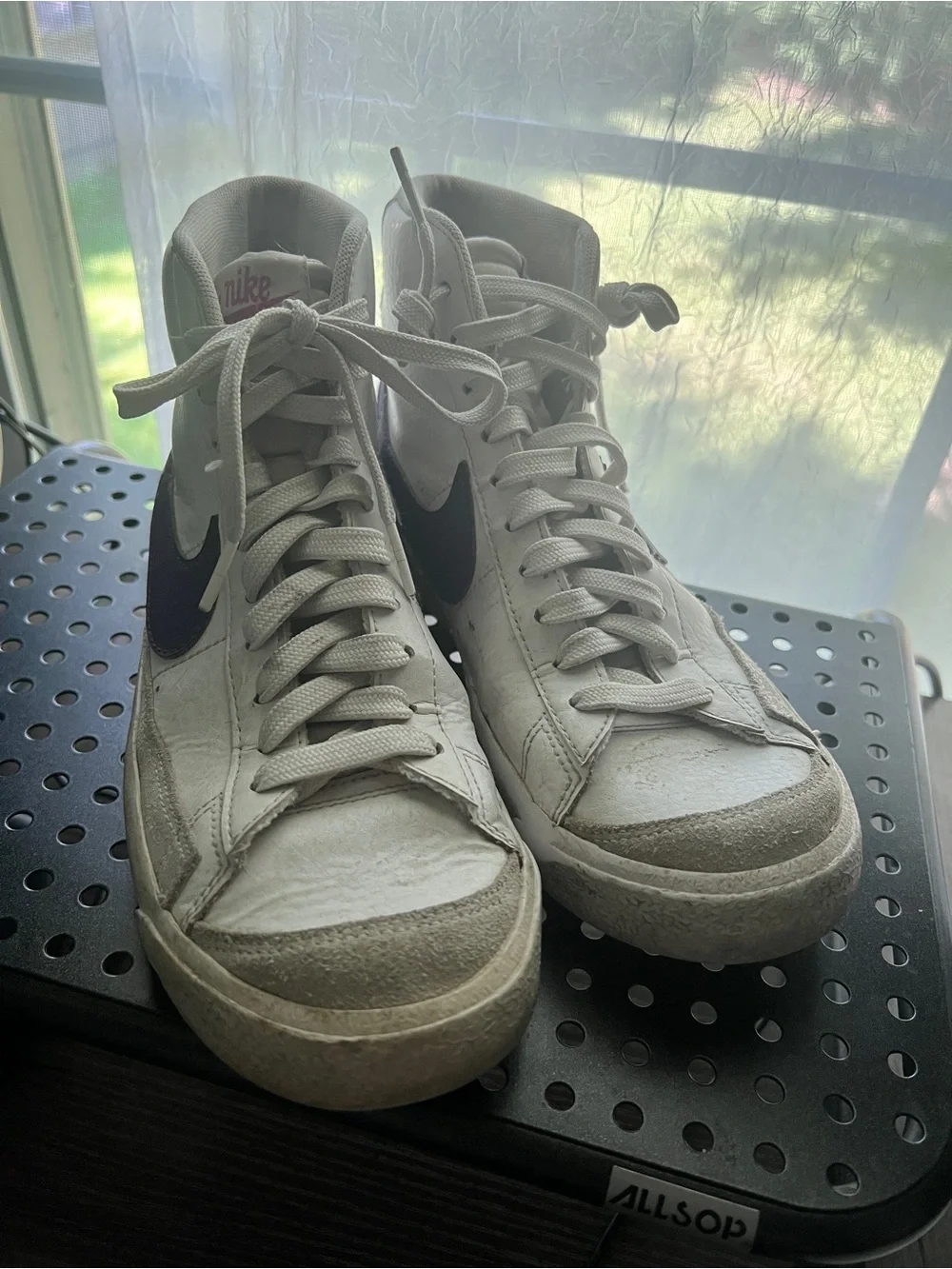 Nike Women's White High-Top Sneakers with Purple Swoosh and Pink Nike Script